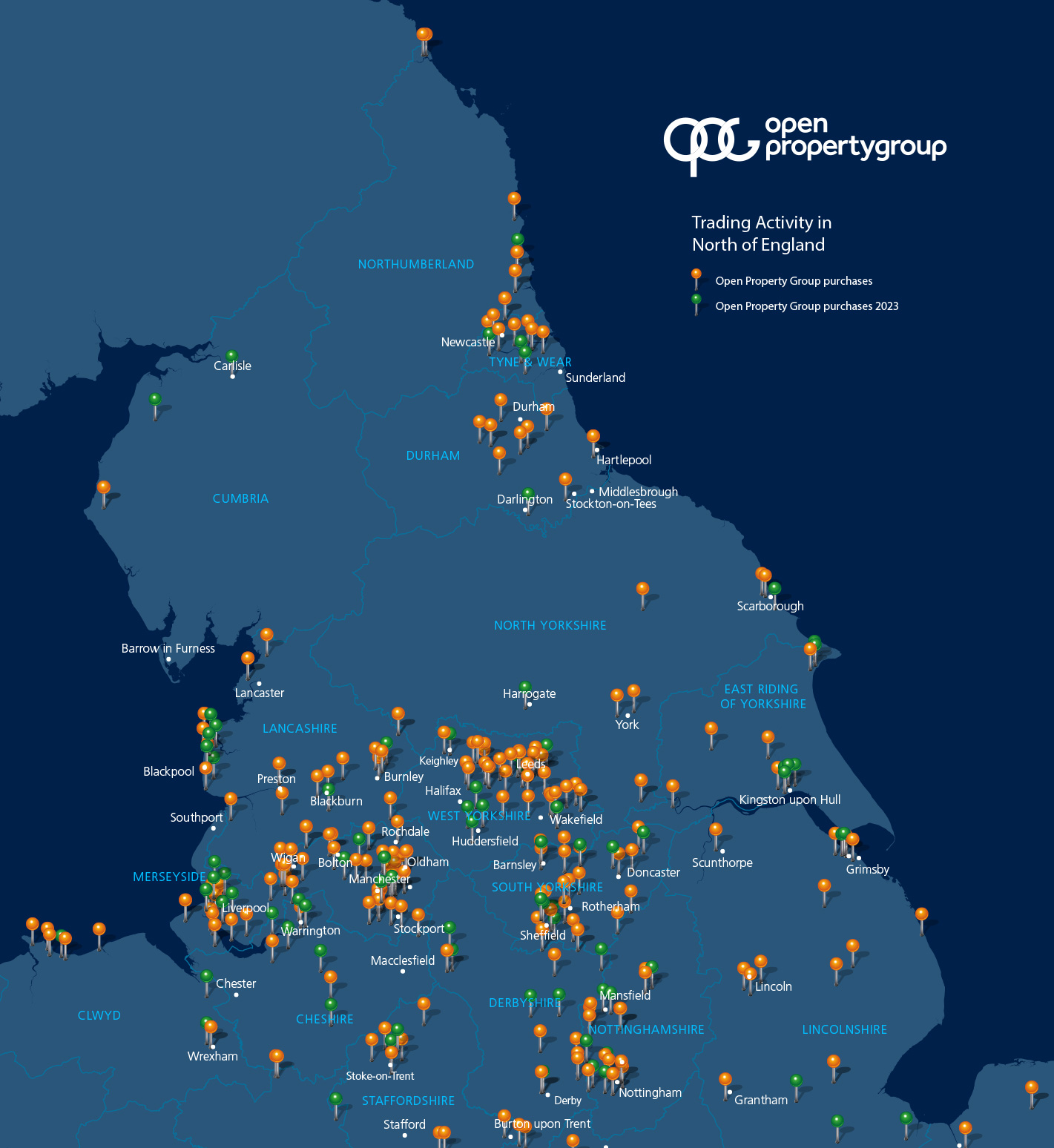 Map of Open Property Group’s properties in the north of the UK